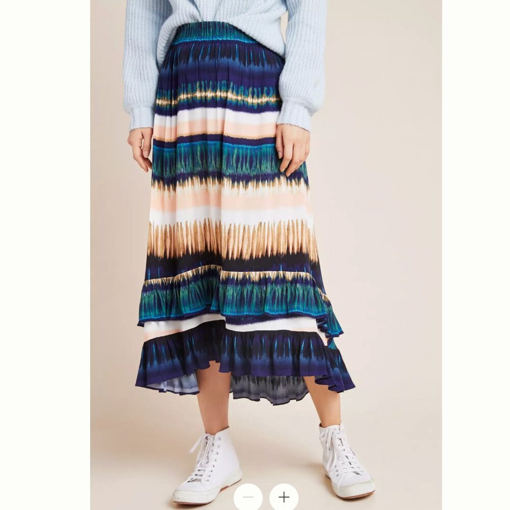 NWT Anthropologie Daniel Rainn Patrizia Ruffled Blue Green Maxi Skirt - Picture 5 of 10